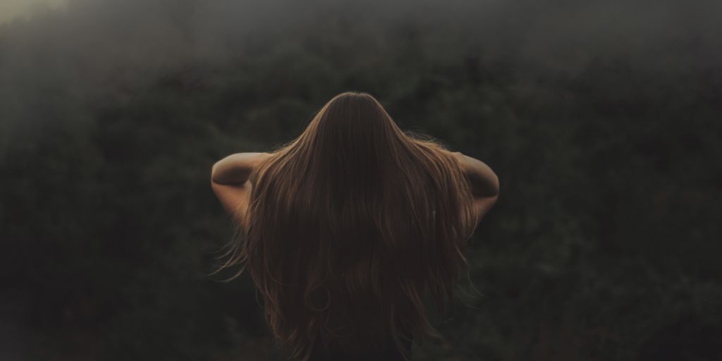Back view of a woman with long hair, standing in a misty forest.
